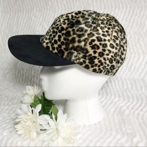 Leopard Print Faux Fur Ball Cap Black Suede Brim NWOT